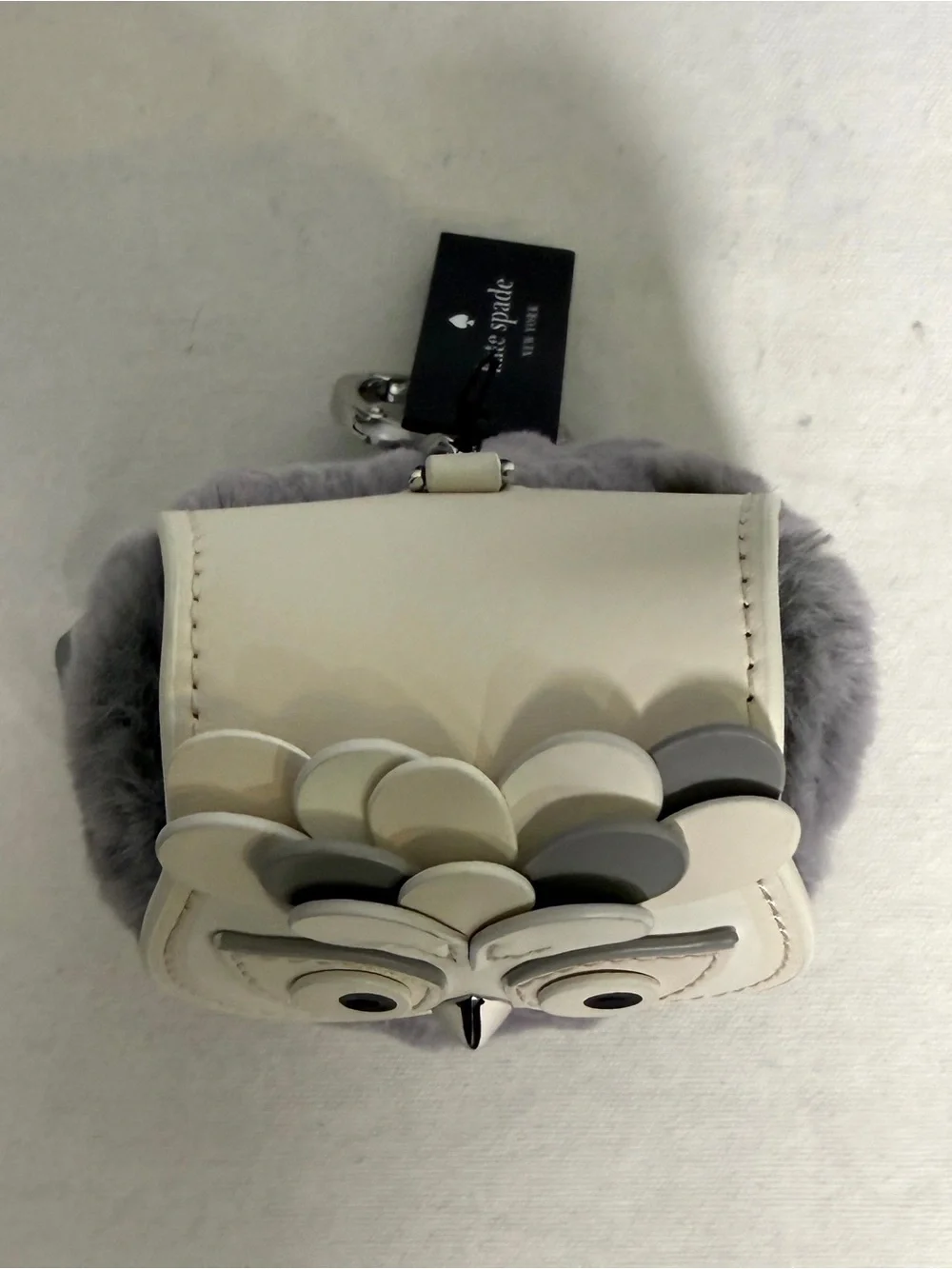 Kate Spade 3D Hoot Owl Coin Purse Keychain Faux Fur Gray White with Dust Bag NWT